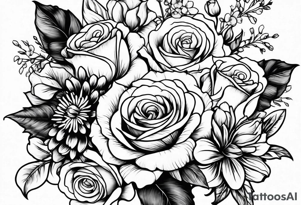 bouquet of roses, larkspur, carnation, and daisy tattoo idea