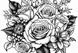 bouquet of roses, larkspur, carnation, and daisy tattoo idea
