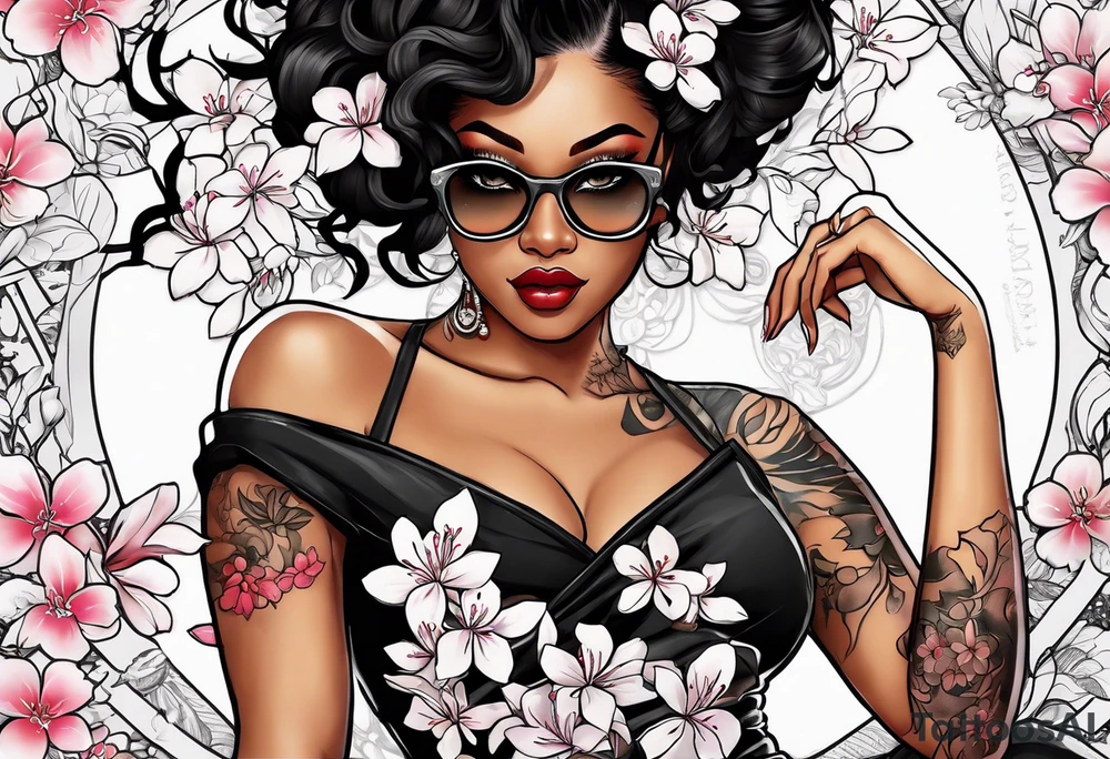 Black Female with glasses with the word "Nisha" and sakura blossoms around her tattoo idea