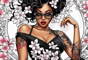 Black Female with glasses with the word "Nisha" and sakura blossoms around her tattoo idea