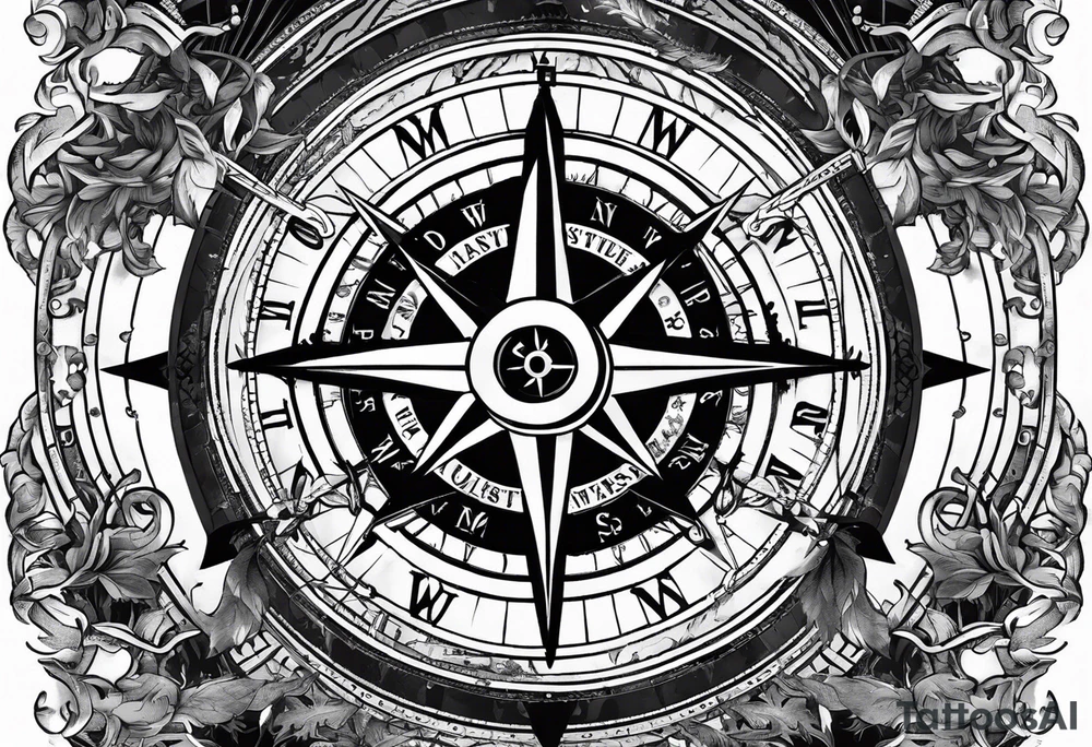 vintage compass with guy faux mask integrated. Slashed lettering for the navigational directions and long fencing swords as the arrows tattoo idea