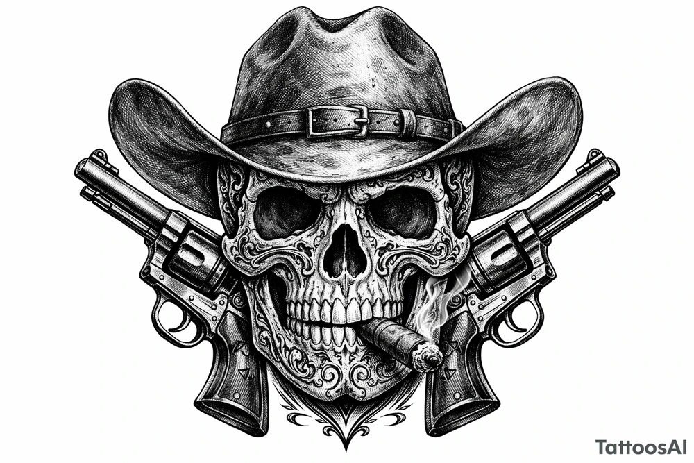 Close-up skull, ornate engraving, Stetson hat, cigar, revolvers framing face tattoo idea