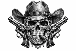 Close-up skull, ornate engraving, Stetson hat, cigar, revolvers framing face tattoo idea