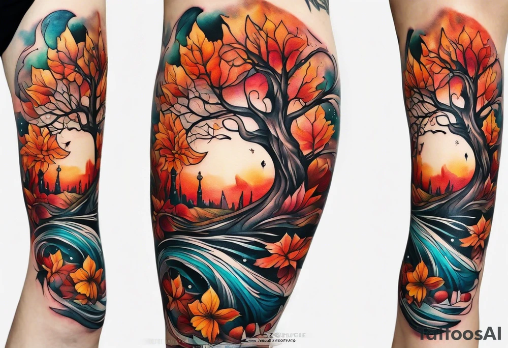 Knee tattoo in fall colors with water flow washes tattoo idea