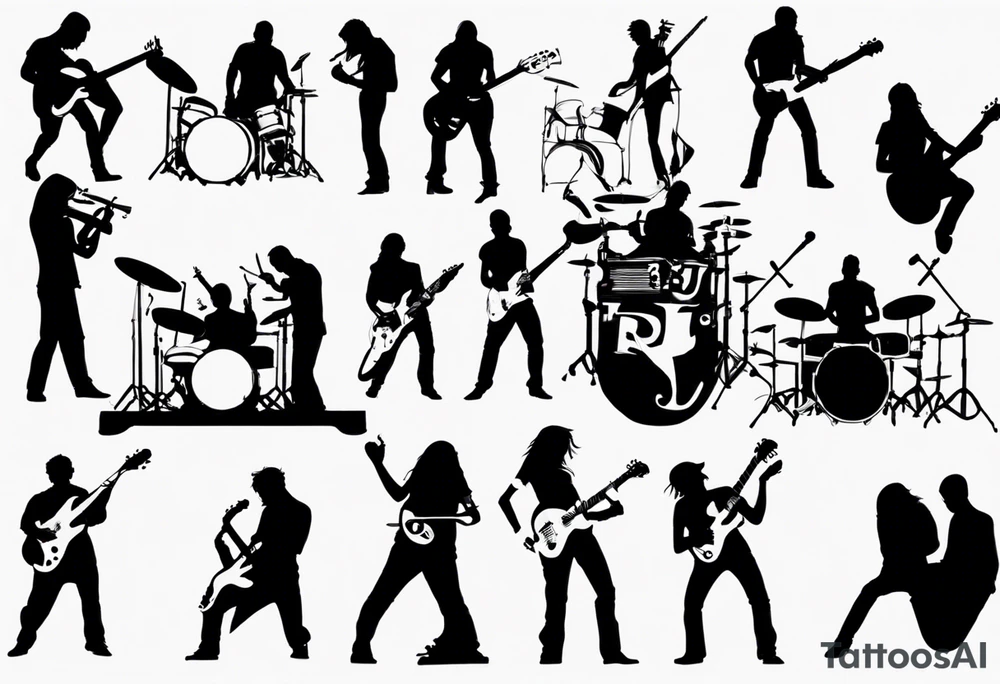 shadows of band members playing instruments. The letters R and J can be found incorporated subliminaly. tattoo idea