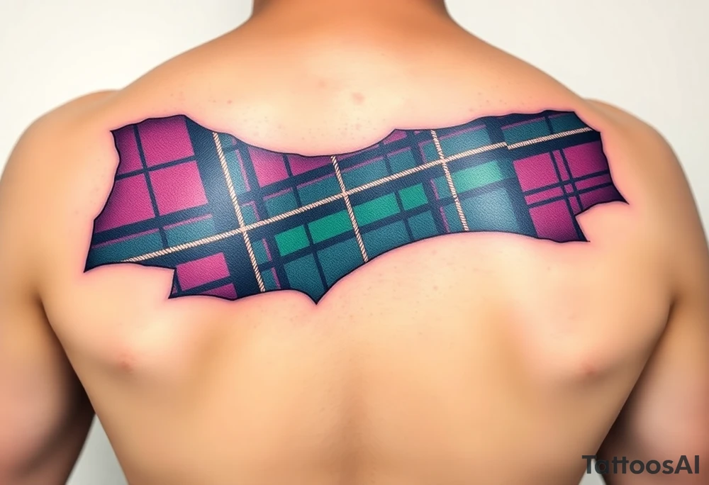 Side of arm Dark Purple with green pink blue and white highlights tartan fabric with skin peeling away at edges tattoo idea