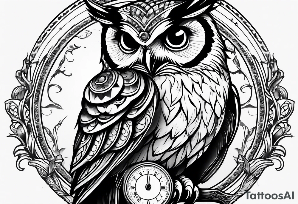 owl side profile holding a scale with its claws tattoo idea