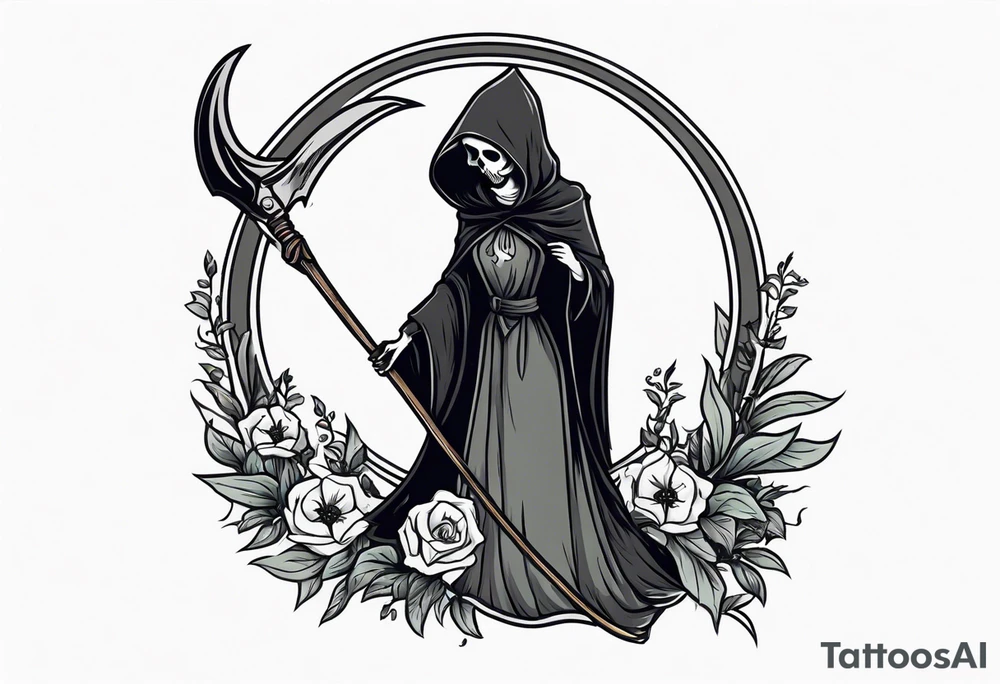 cute feminine grim reaper with scythe and nightshade tattoo idea