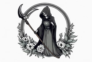 cute feminine grim reaper with scythe and nightshade tattoo idea