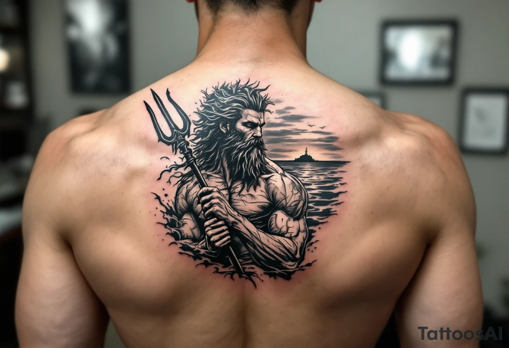 fit poseidon, with trident, in water, looking at the horizon tattoo idea