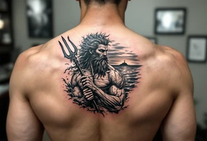 fit poseidon, with trident, in water, looking at the horizon tattoo idea