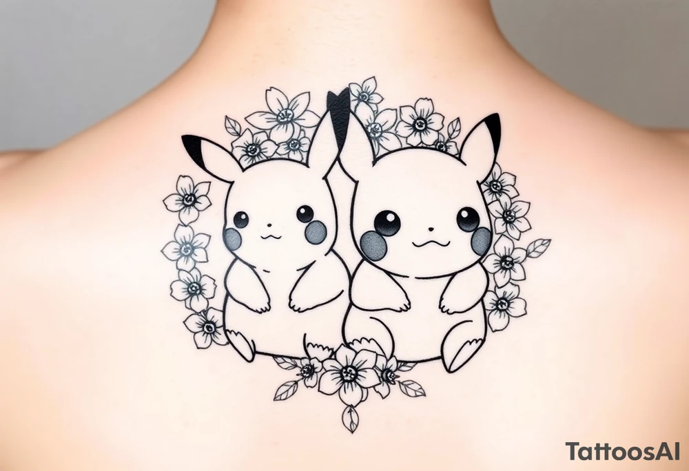 Pikachu and Bulbasaur together surrounded by a flower crown made up of daffodils and narcissus flowers tattoo idea