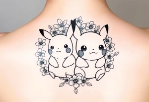 Pikachu and Bulbasaur together surrounded by a flower crown made up of daffodils and narcissus flowers tattoo idea