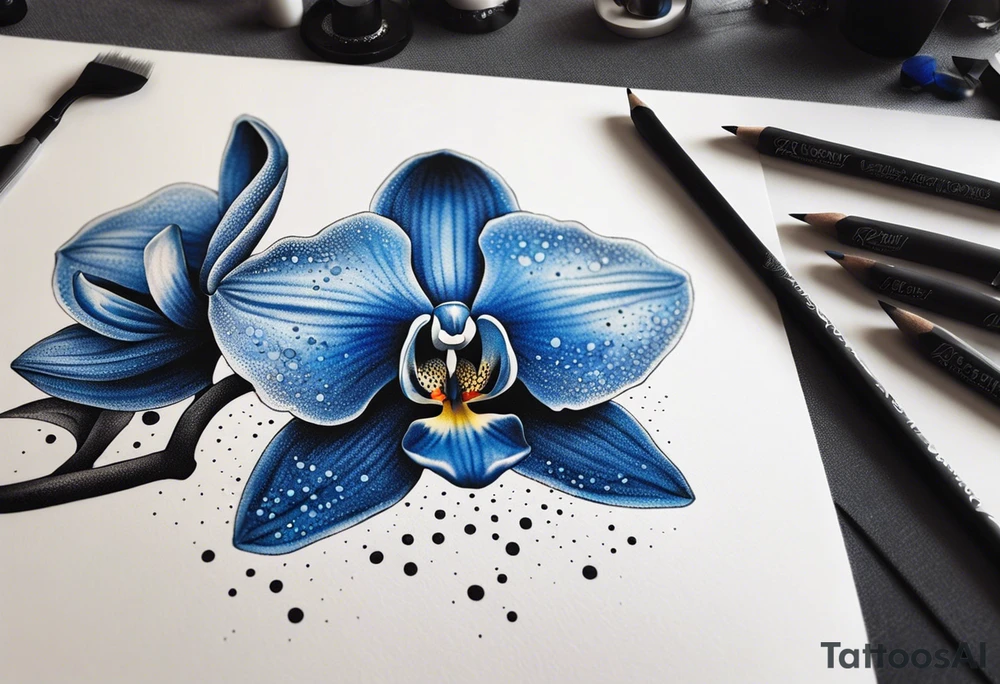 Long blue orchid with extra details tattoo idea