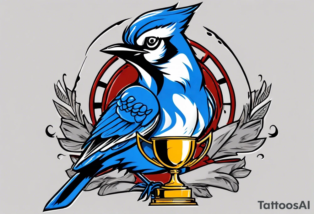 mean looking bluejay holding a trophy tattoo idea