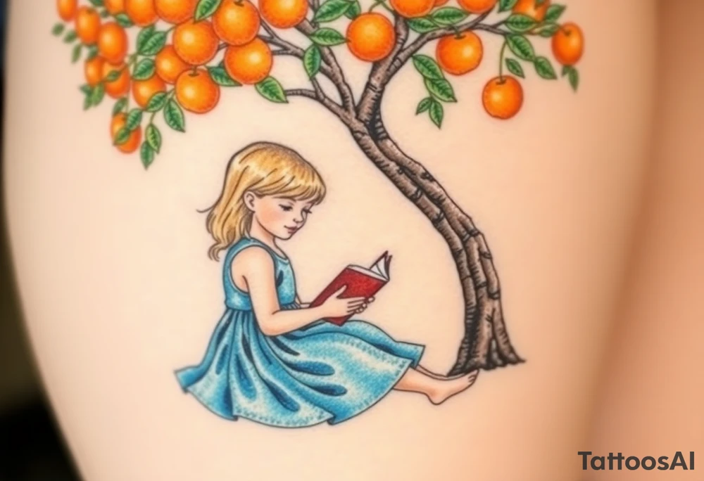 A blond little girl wearing a blue dress sitting under a orange tree while reading a book.


. tattoo idea