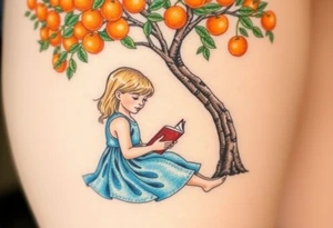 A blond little girl wearing a blue dress sitting under a orange tree while reading a book.


. tattoo idea