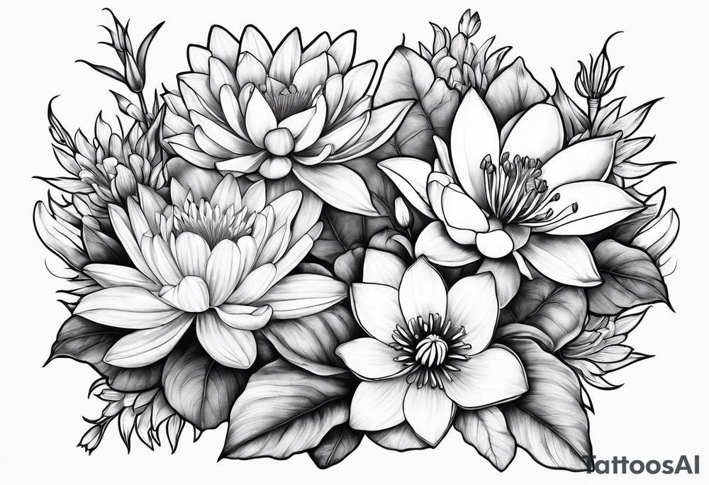 Larkspur and water lily bouquet tattoo idea