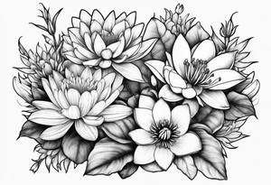 Larkspur and water lily bouquet tattoo idea