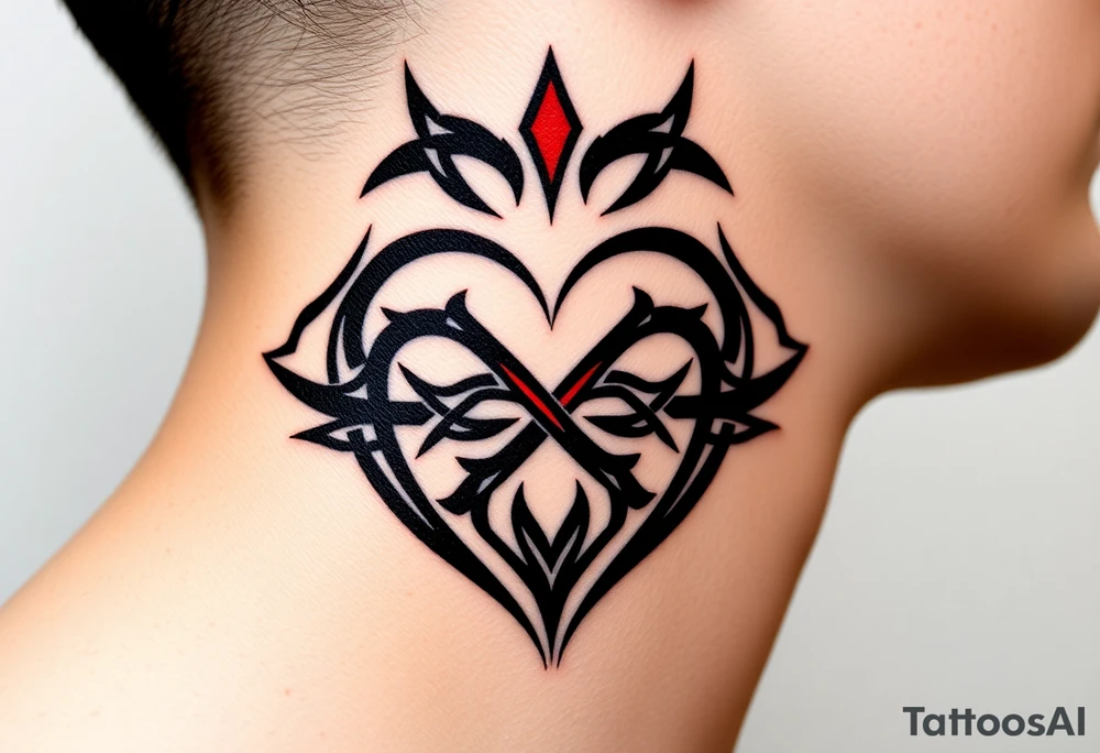 A bold tribal-style infinity-heart with sharp geometric patterns, in black ink with subtle red accents, blending strength and passion tattoo idea