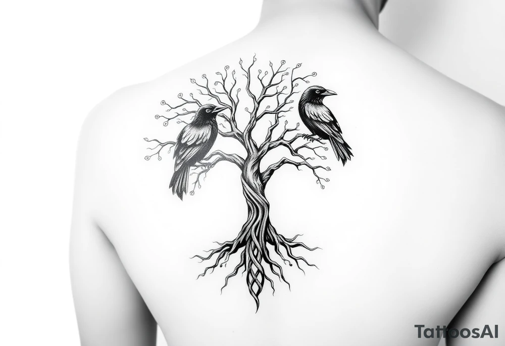 Irish shoulder tattoo, that is non-religious and has a Celtic tree and tribal ravens tattoo idea