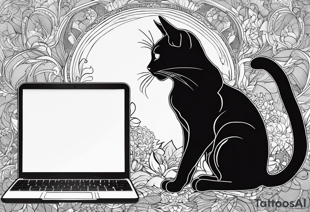 Abstract black cat sitting in Front of a MacBook and Programming. tattoo idea