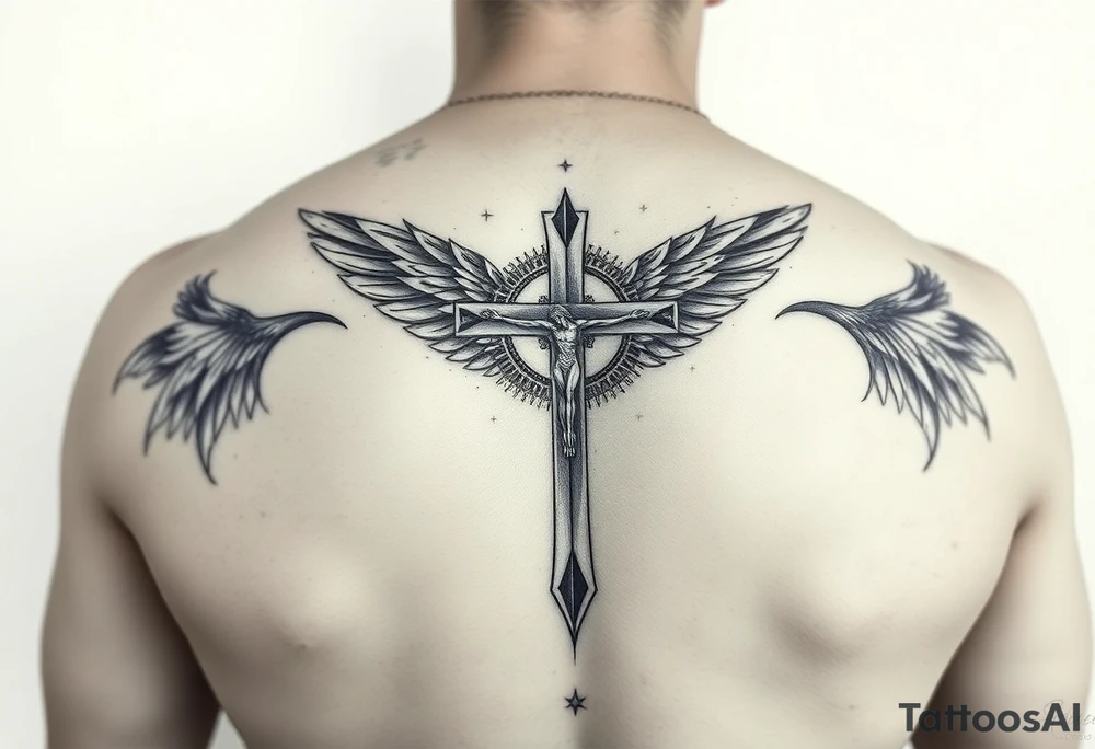 Um anjo segurando uma cruz e um colar crucifixo realismo preto e cinza tattoo idea