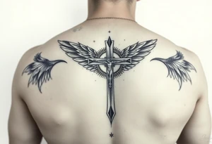 Um anjo segurando uma cruz e um colar crucifixo realismo preto e cinza tattoo idea