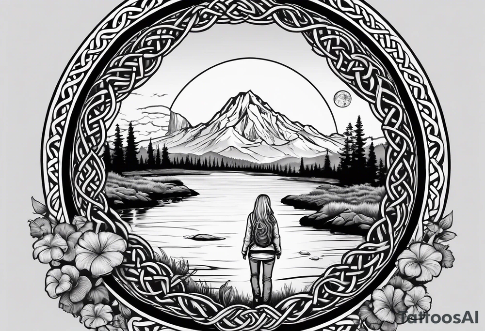 Whole picture encircled fully

Straight long blonde hair celestial girl in distance holding mushrooms in hand facing away toward mountains and creek surrounded by mushrooms long sleeve shirt and hiking pants; whole rendering within a full celtic circle border, no cut off circle tattoo idea