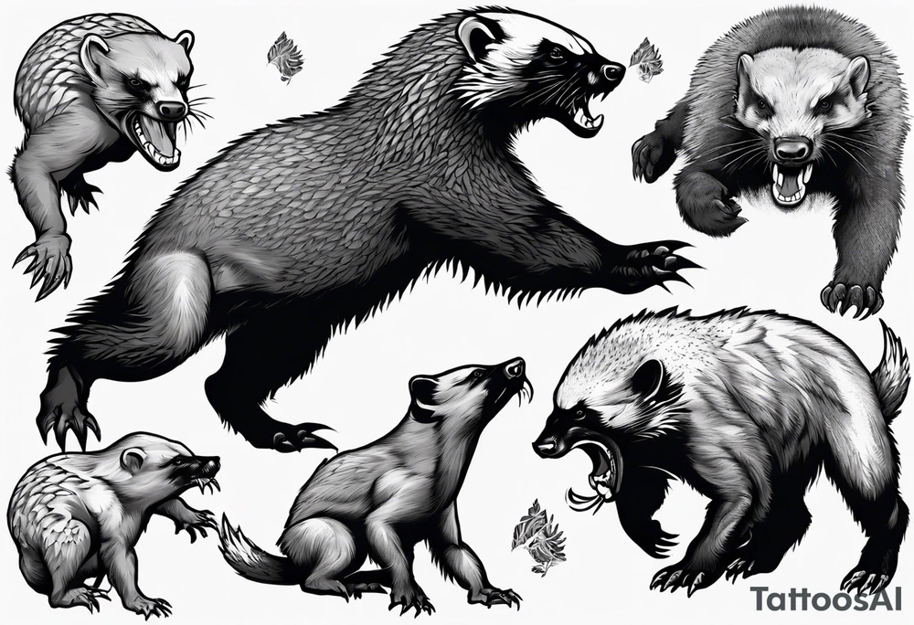 Angry, snarling, full-length detailed honey badger tattoo idea