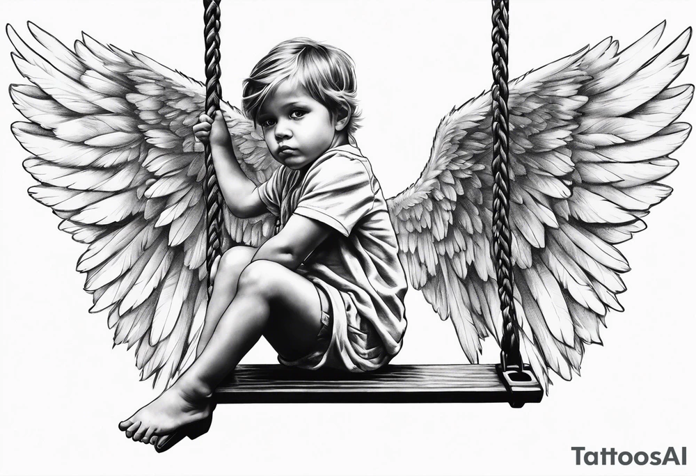 angel child on swing with sagging wings, head down tattoo idea