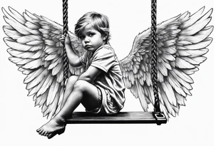 angel child on swing with sagging wings, head down tattoo idea