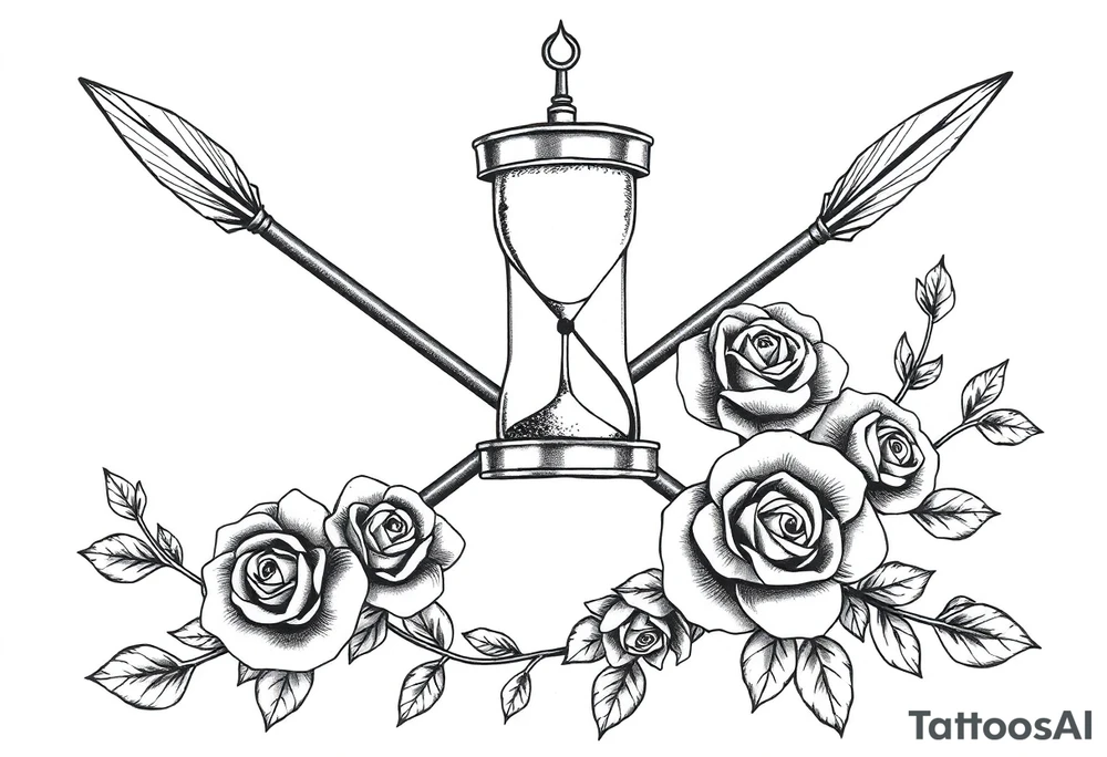 Detailed arrows with hourglass and compass over top and beautiful rose vines around tattoo idea