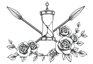 Detailed arrows with hourglass and compass over top and beautiful rose vines around tattoo idea