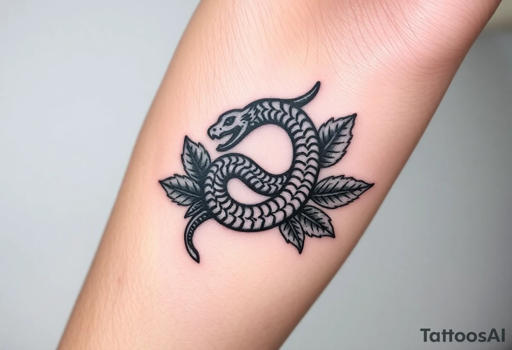 Mythical serpent wrapped in leaves tattoo idea