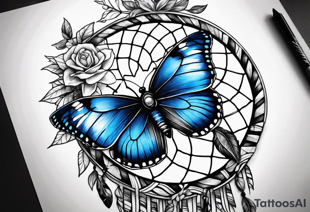 Blue butterfly dream catcher tattoo idea