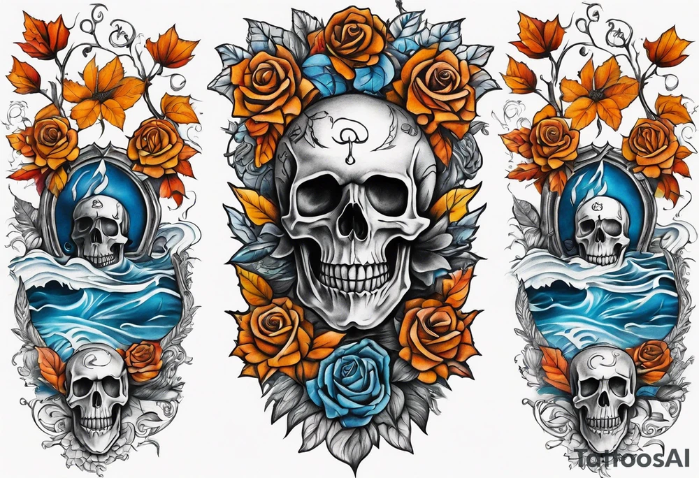 Front knee tattoo with fall colors, small flowers, rose, satanic skull, leaves, blue water flows with washes and background Powell Peralta tattoo idea