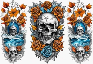 Front knee tattoo with fall colors, small flowers, rose, satanic skull, leaves, blue water flows with washes and background Powell Peralta tattoo idea