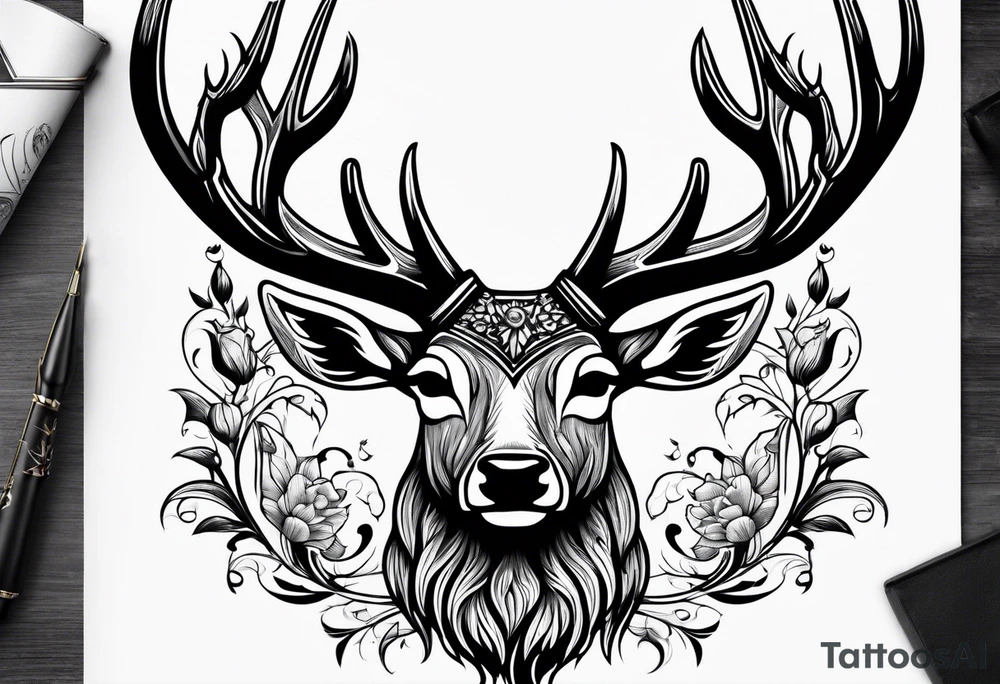 Strong deer with a beard and with antlers tattoo idea