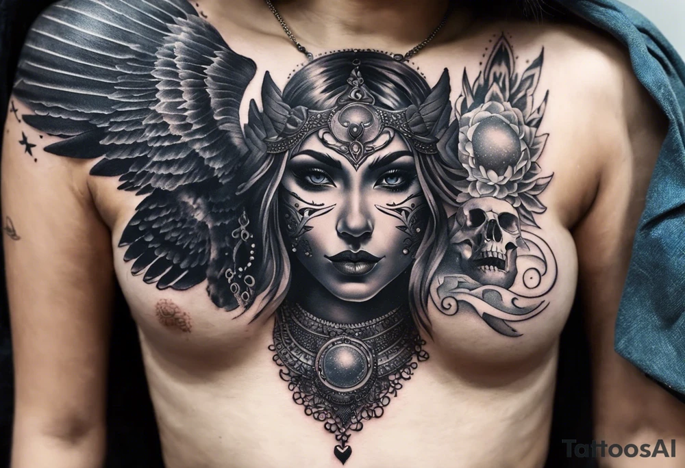 black kali, goddess pirate, alien, angel, pachamama, valkrye, warrior, flying, skull, lotus azul, wing, eagle, zenza resonance, stars, 5D, anahata chakra, death, durga, riding on a tiger, flying lady, chest tatoo tattoo idea