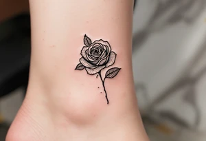 Dotted outline of a roses, with no fill, resembling a hand-poked aesthetic, placed on the ankle. tattoo idea