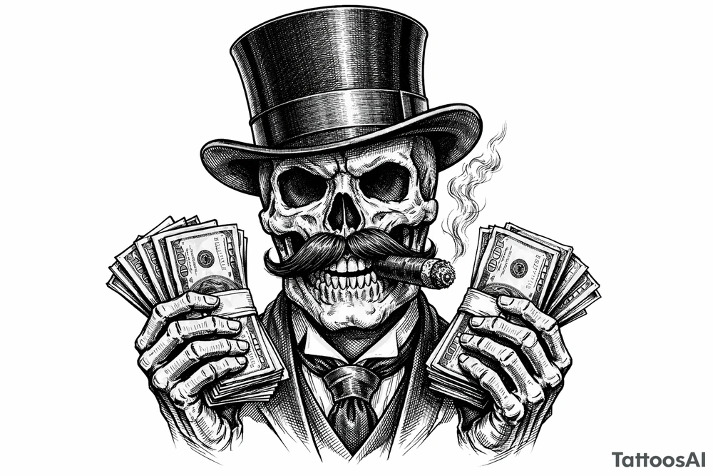 skull with mustache,top-hat,cigar in his mouth,money in both hands. tattoo idea