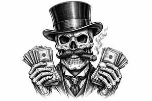 skull with mustache,top-hat,cigar in his mouth,money in both hands. tattoo idea