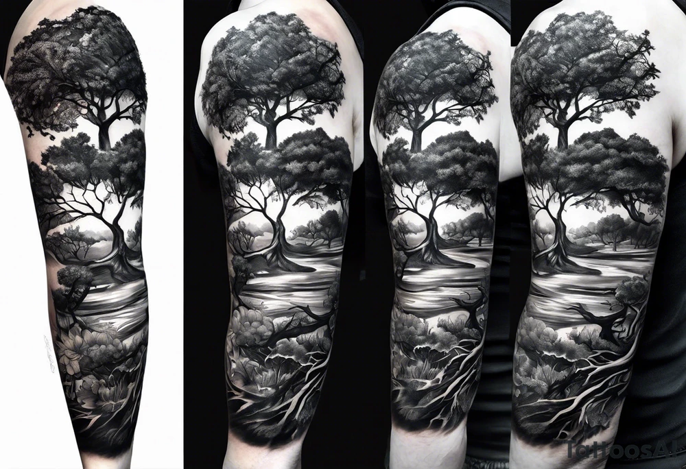 A half sleeve tattoo composed of a detailed African oak tree with bark, animals, branches, leaves, roots, and insects. tattoo idea