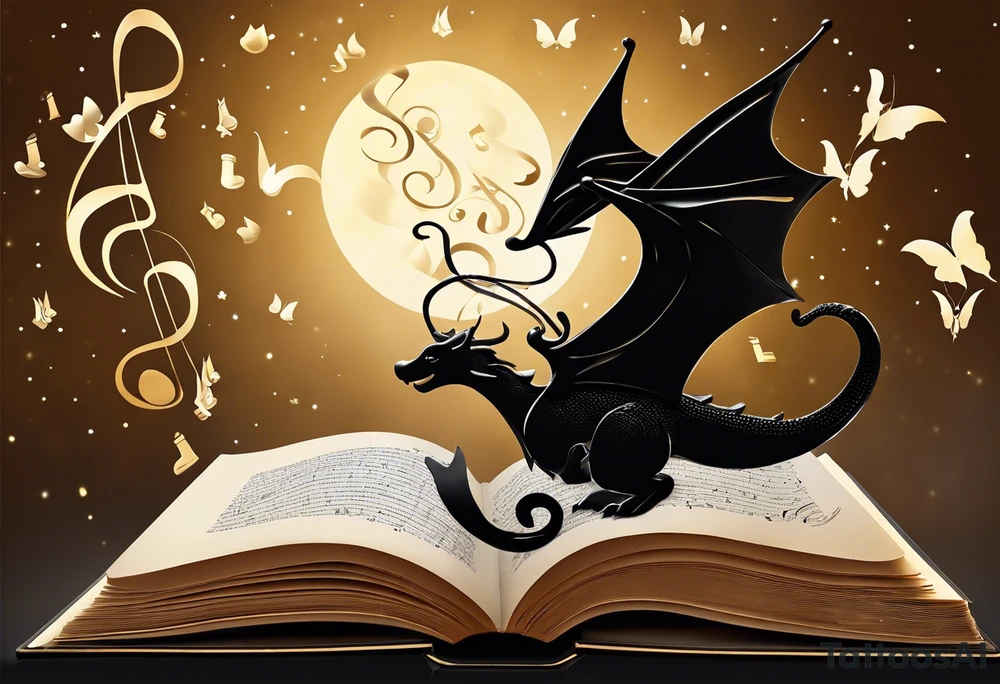 a whimsical open book with pages that appear to flutter, as if caught in a gentle breeze. Above the book, a delicate small dragon silhouette, playfully spirals in the air. To the right, a pawn chess piece stands proudly. Just above, a singular, swirling music note dances, emanating a sense of melody and rhythm. On the left corner of the book, a majestic raven, cloaked in midnight hues, gazes contemplatively, feathers ruffled by an unseen wind. Below, a vibrant cluster of lavender flowers blooms, with a charming bumblebee hovering nearby tattoo idea