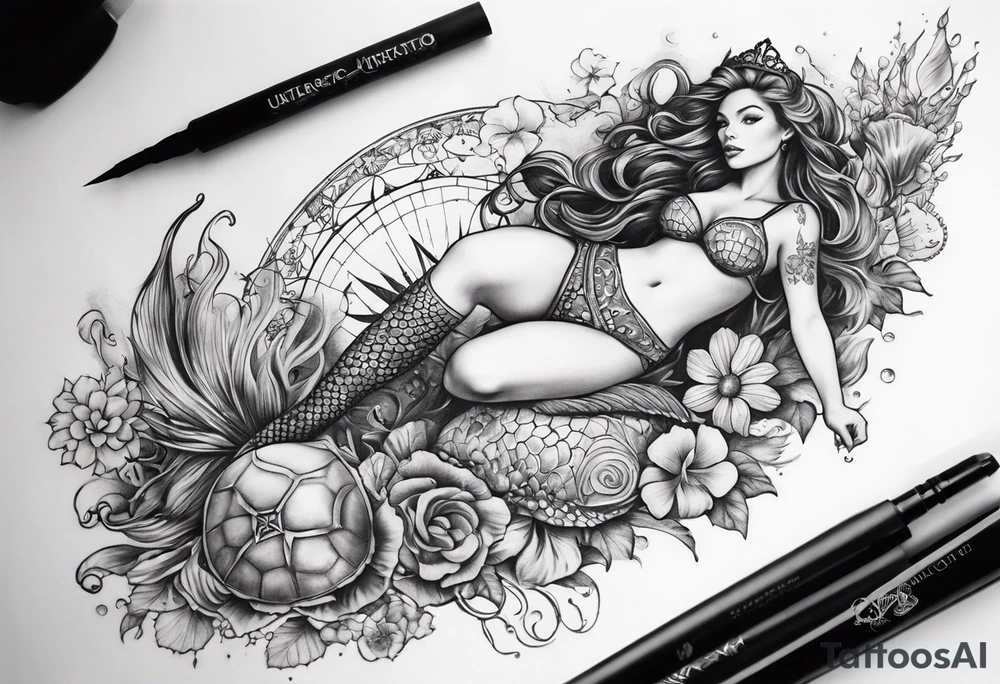 Lower leg tattoo. Mermaid with trident and crown, sea turtle, compass, shells, flowers, cresent moon tattoo idea