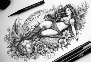 Lower leg tattoo. Mermaid with trident and crown, sea turtle, compass, shells, flowers, cresent moon tattoo idea