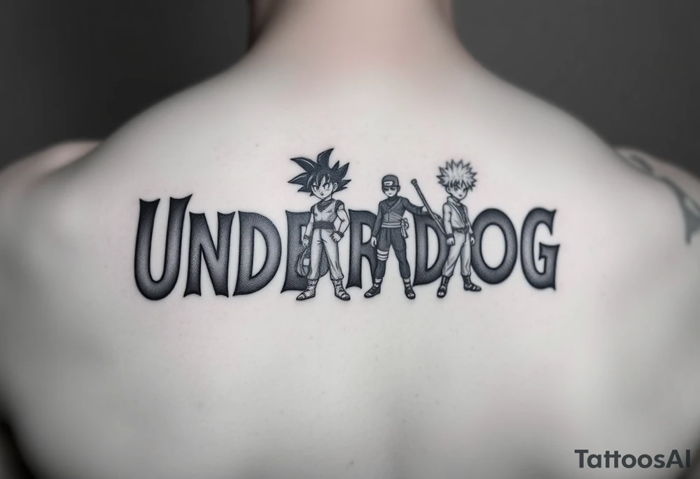 the word underdog in a with 3 anime characters Goku ippo and Naruto one standing in the middle one standing on the right and one standing on the left
 on a shoulder tattoo idea