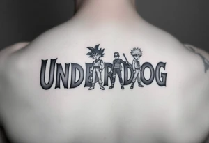 the word underdog in a with 3 anime characters Goku ippo and Naruto one standing in the middle one standing on the right and one standing on the left
 on a shoulder tattoo idea