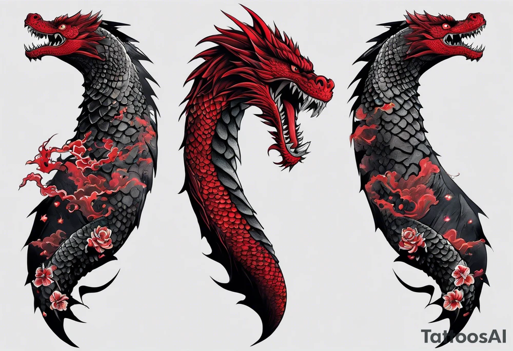 godzilla inspired dragon irezumi arm sleeve in black and red with water and lightning tattoo idea